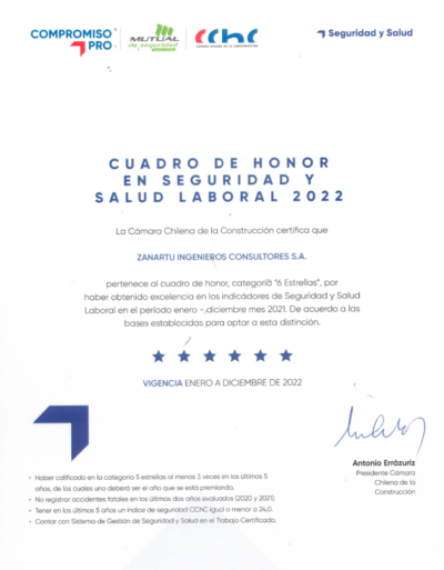 Certificado premio 6 estrellas Cuadro de Honor en Seguridad y Salud Laboral 2022